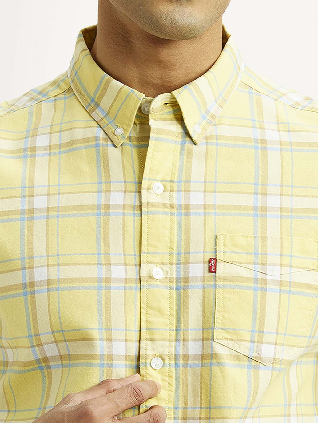 Men's Checkered Yellow Slim Fit Oxford Shirt - Image 4