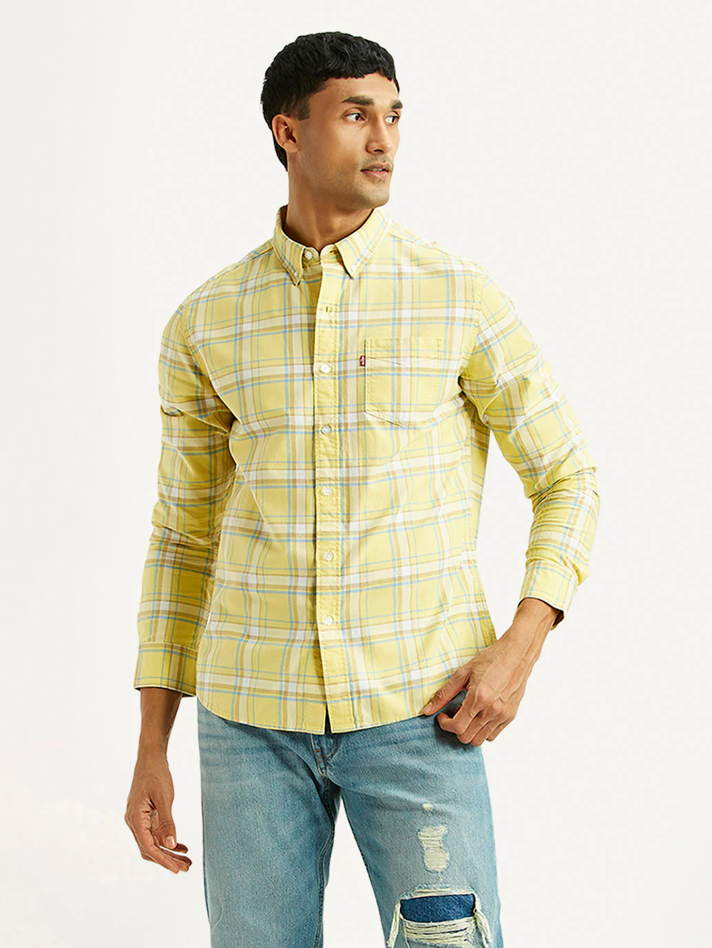 Men's Checkered Yellow Slim Fit Oxford Shirt - Image 5