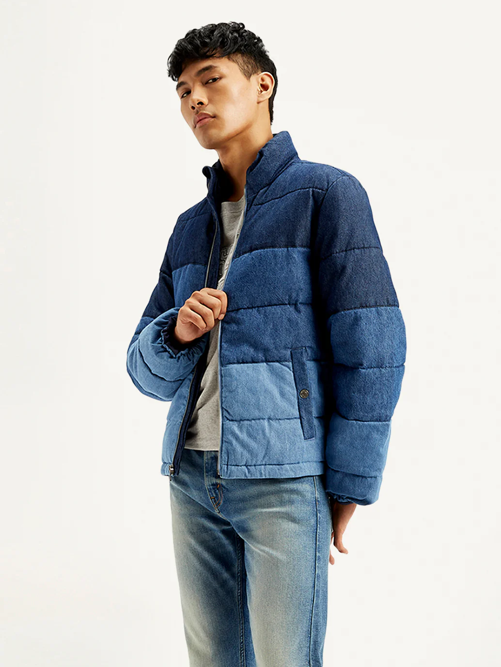 Men's Colorblock Blue High Neck Puffer Jacket - Image 2
