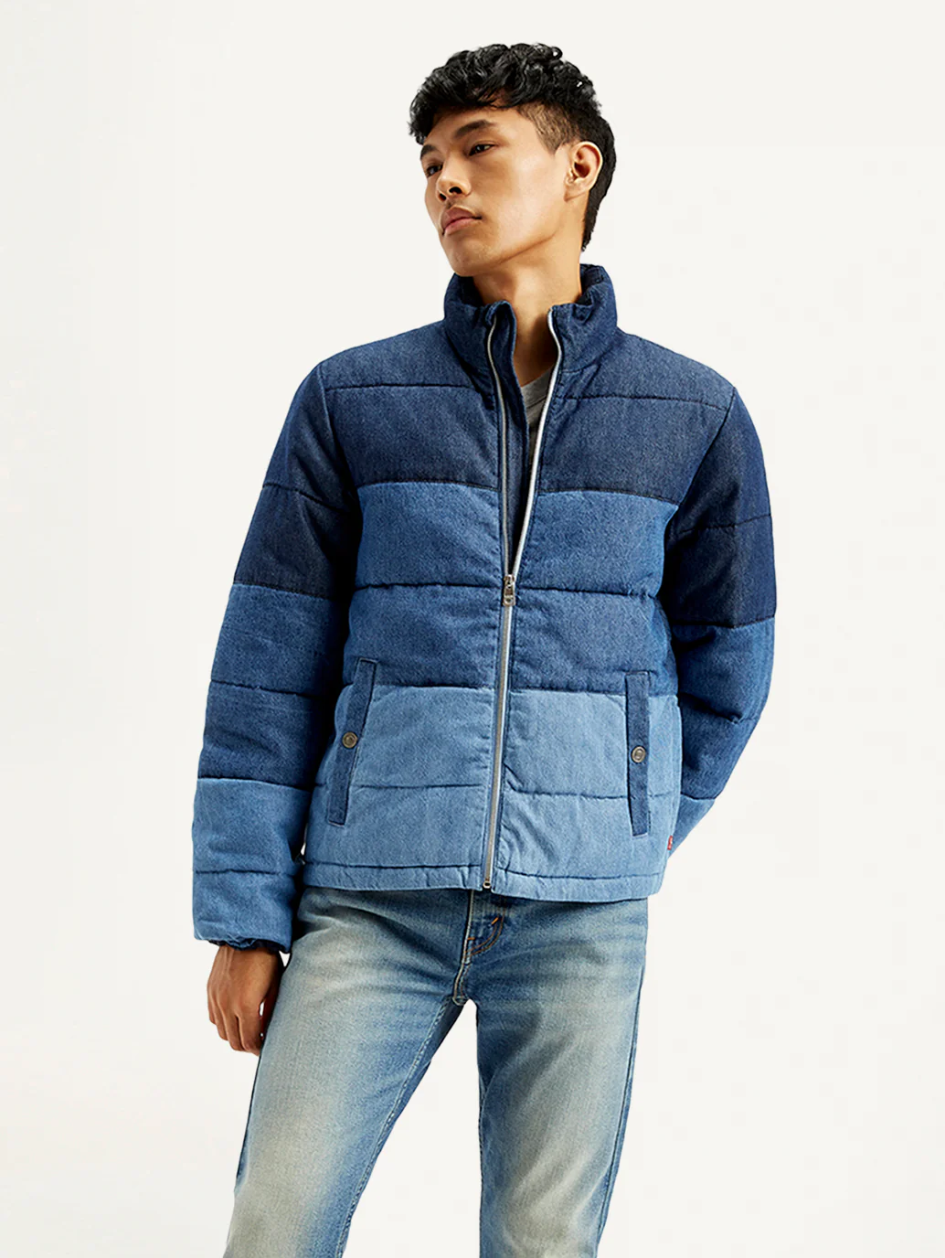 Men's Colorblock Blue High Neck Puffer Jacket - Image 3
