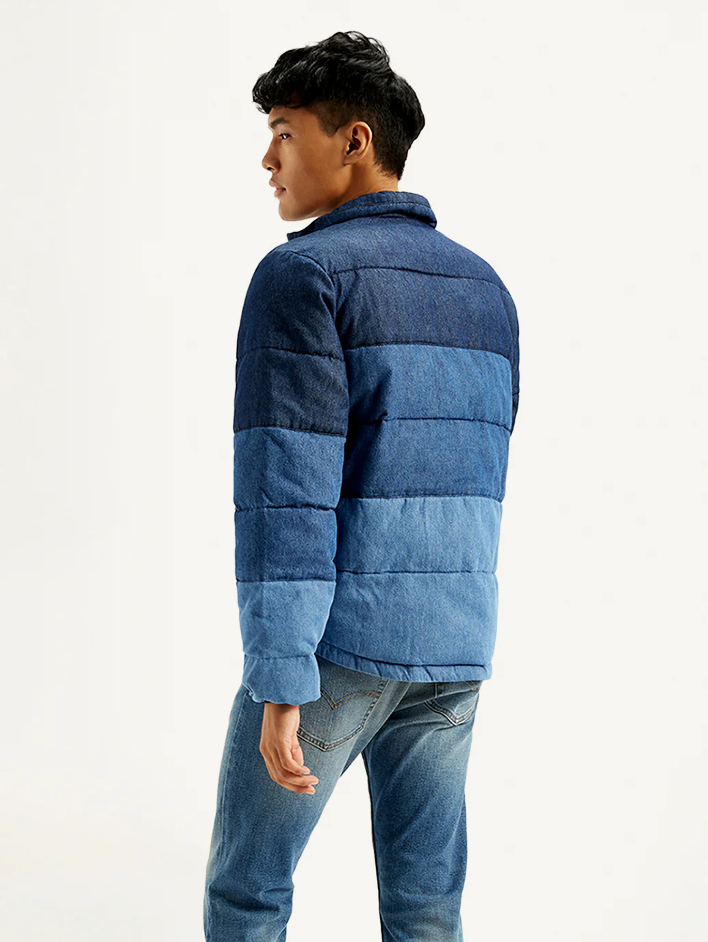 Men's Colorblock Blue High Neck Puffer Jacket - Image 4