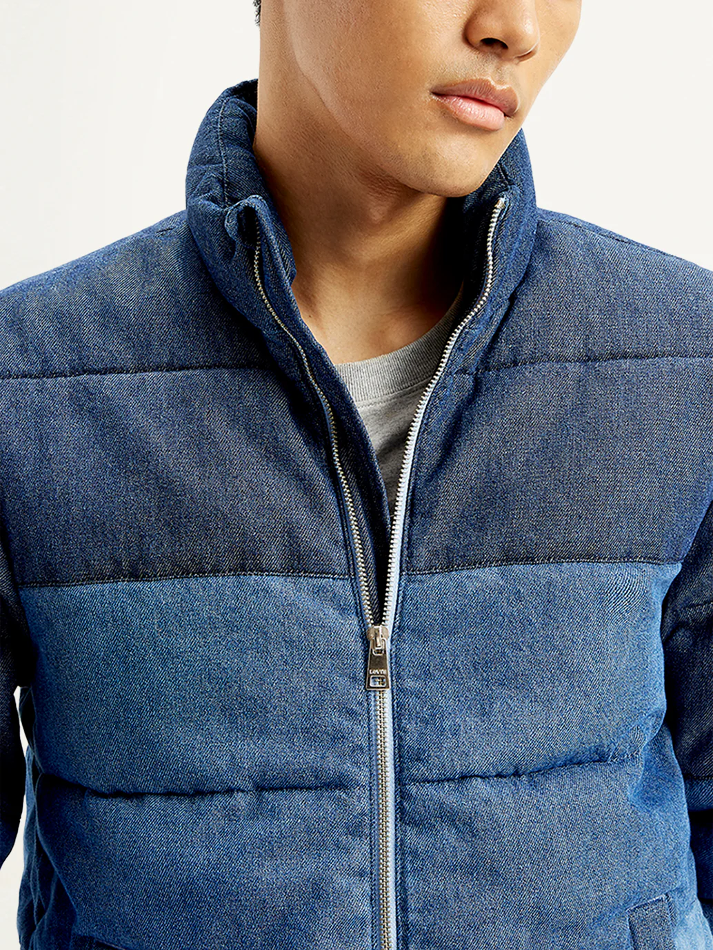 Men's Colorblock Blue High Neck Puffer Jacket - Image 5