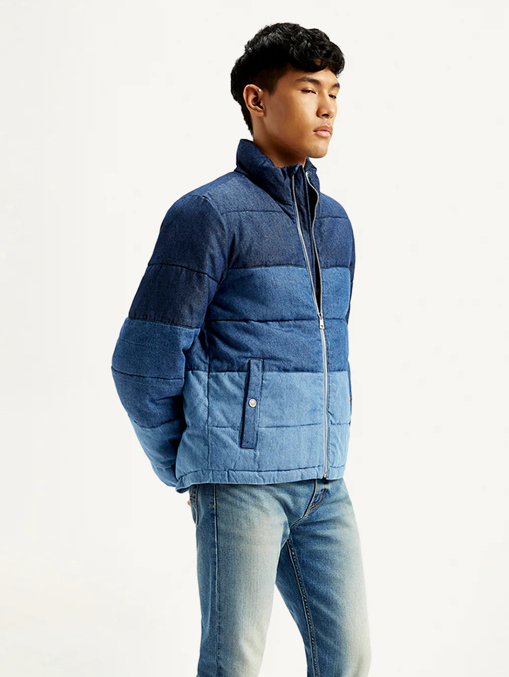 Men's Colorblock Blue High Neck Puffer Jacket - Image 6