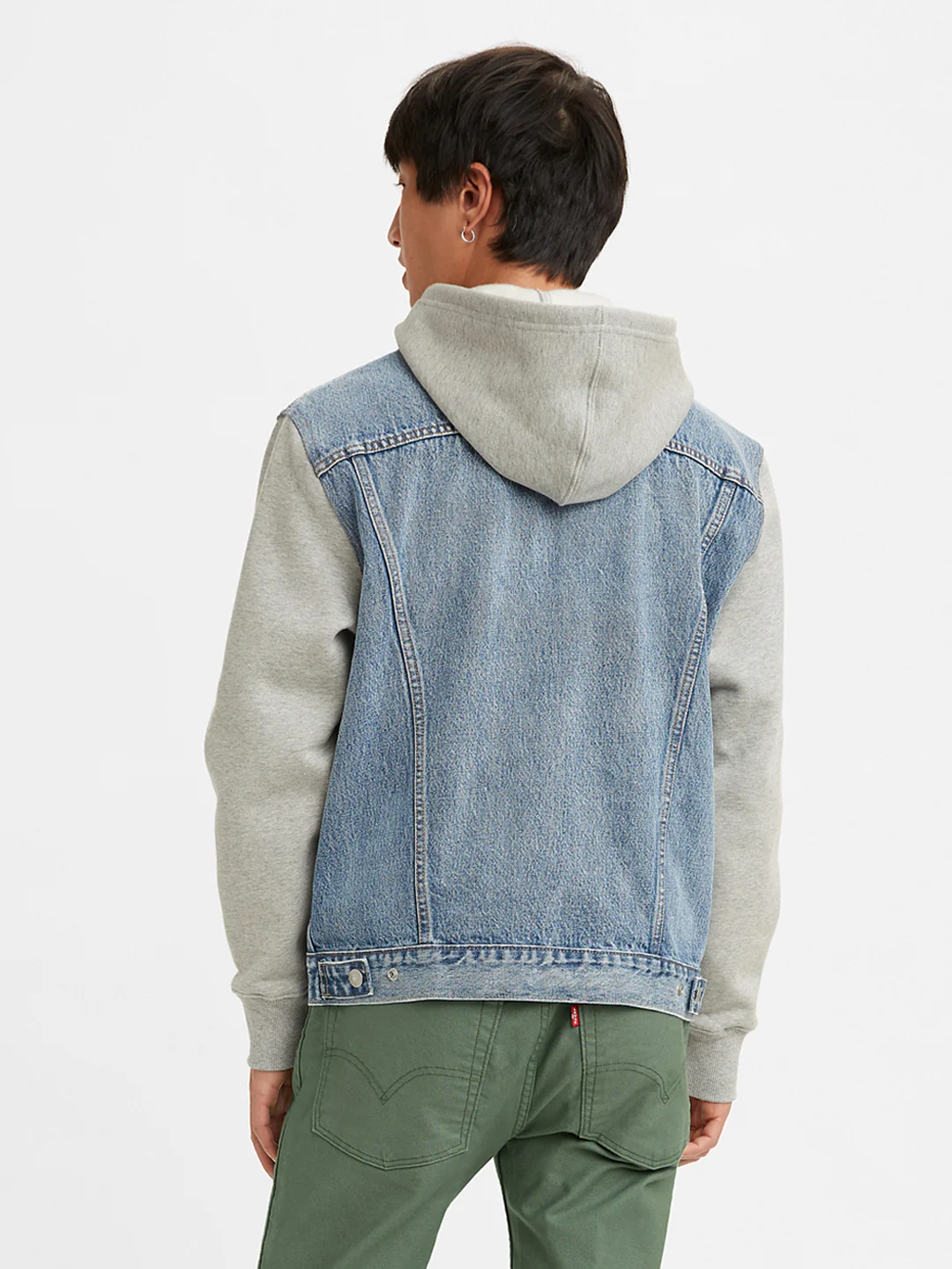 Men's Colorblock Blue Hooded Denim Trucker Jacket - Image 2
