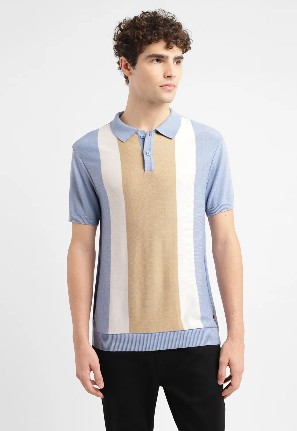 Men's Colorblock Blue Polo Collar Sweater - Image 2