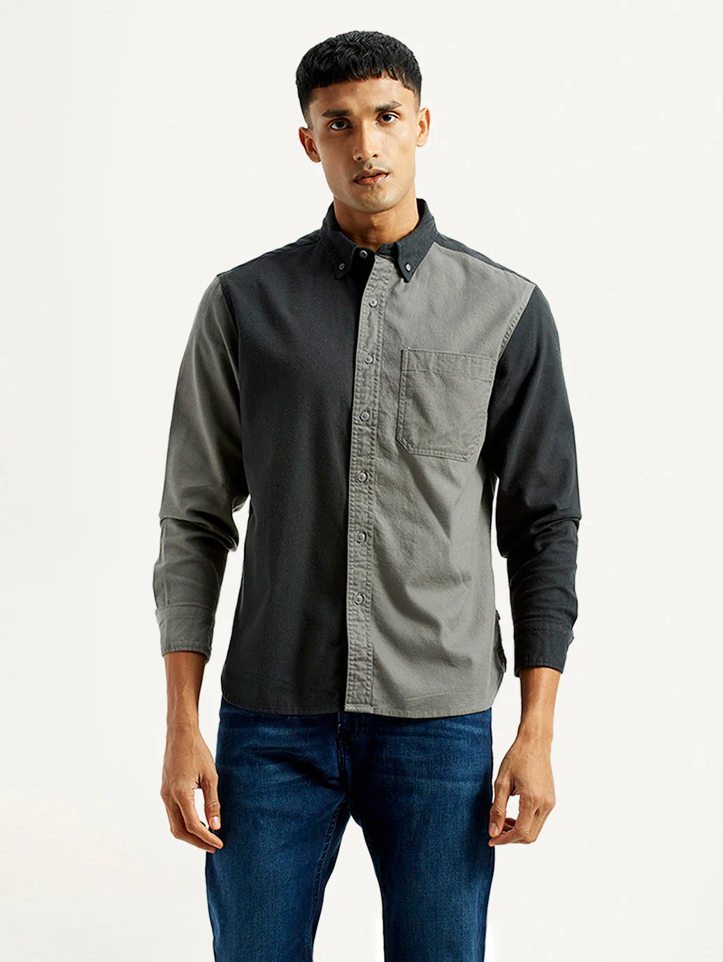 Men's Colorblock Charcoal Grey Spread Collar Flannel Shirt - Image 2