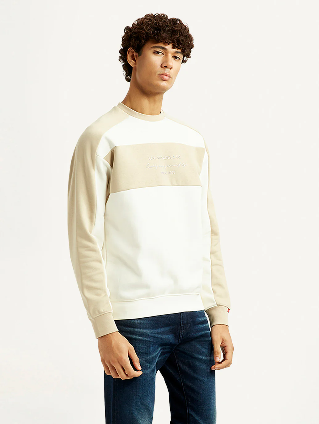 Men's Colorblock Cream Crew Neck Sweatshirt - Image 5