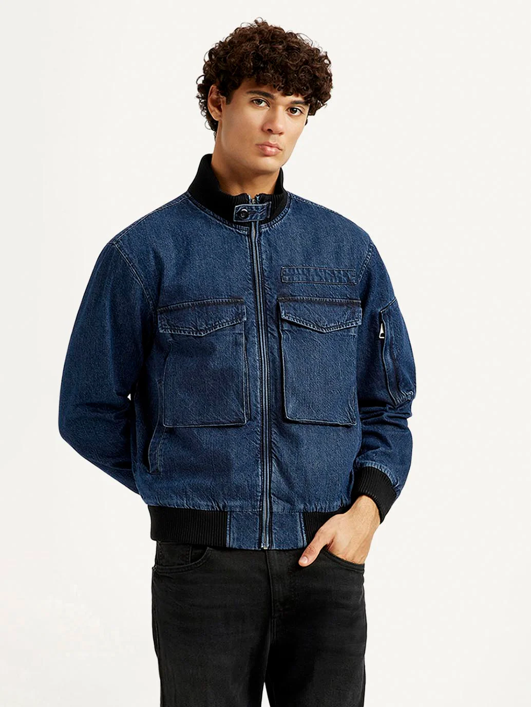 Men's Colorblock Dark Blue Denim Jacket - Image 2