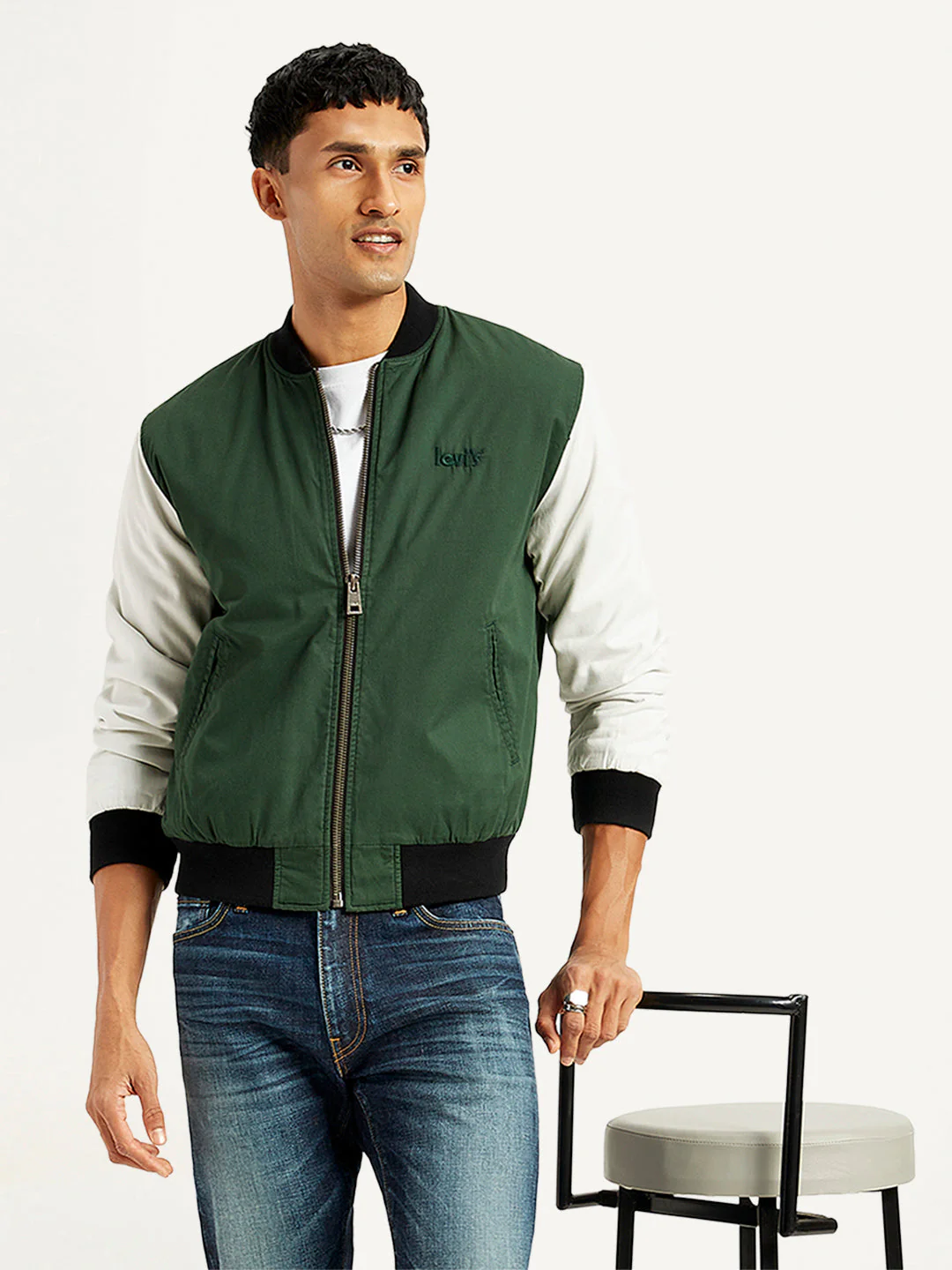 Men's Colorblock Green Bomber Jacket - Image 4
