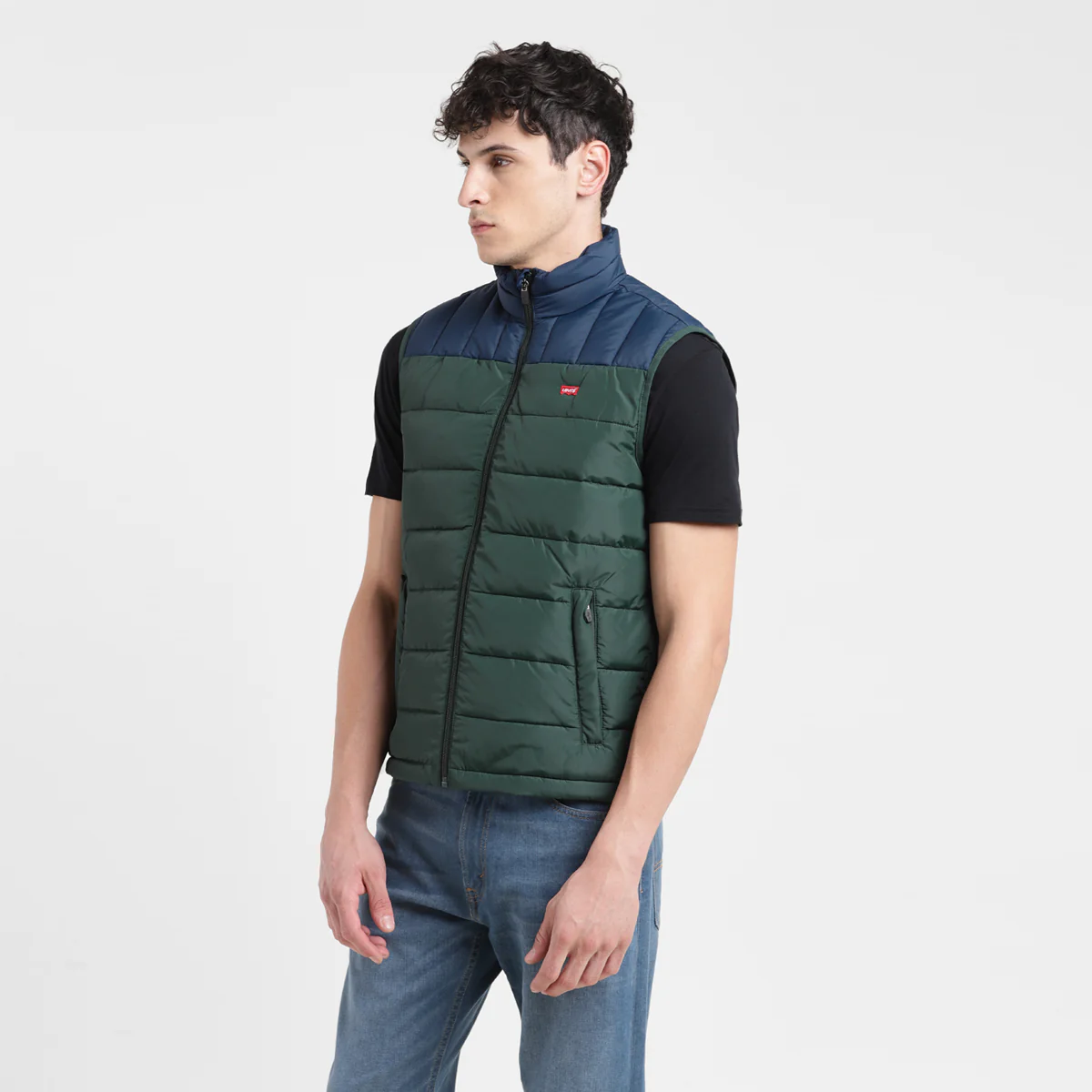 Men's Colorblock Green High Neck Quilted Jacket - Image 4