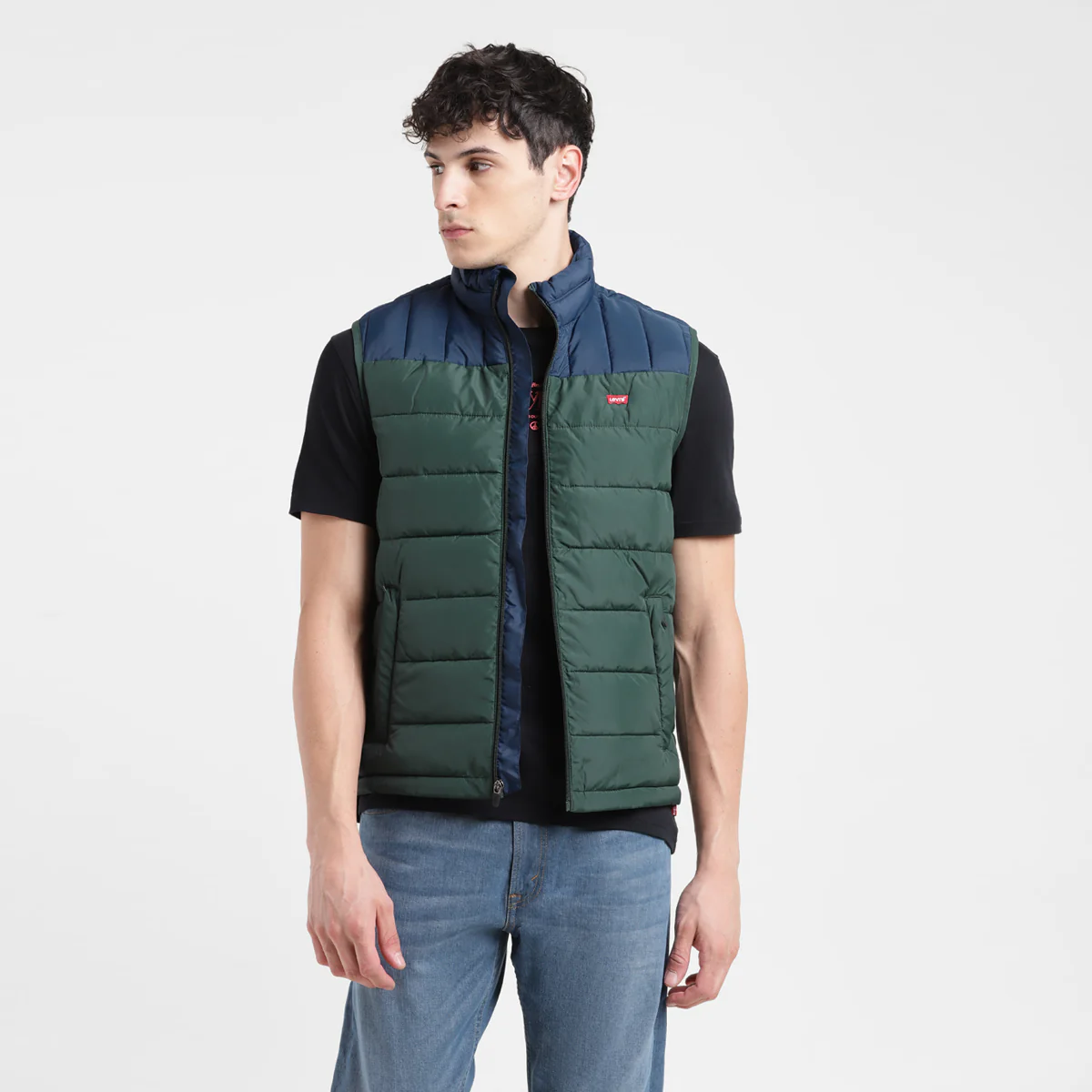 Men's Colorblock Green High Neck Quilted Jacket - Image 5
