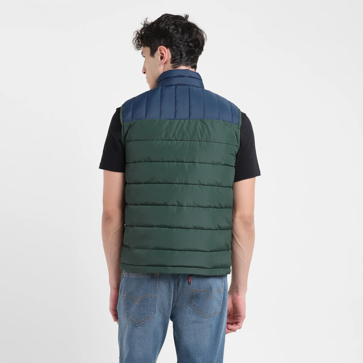 Men's Colorblock Green High Neck Quilted Jacket - Image 6