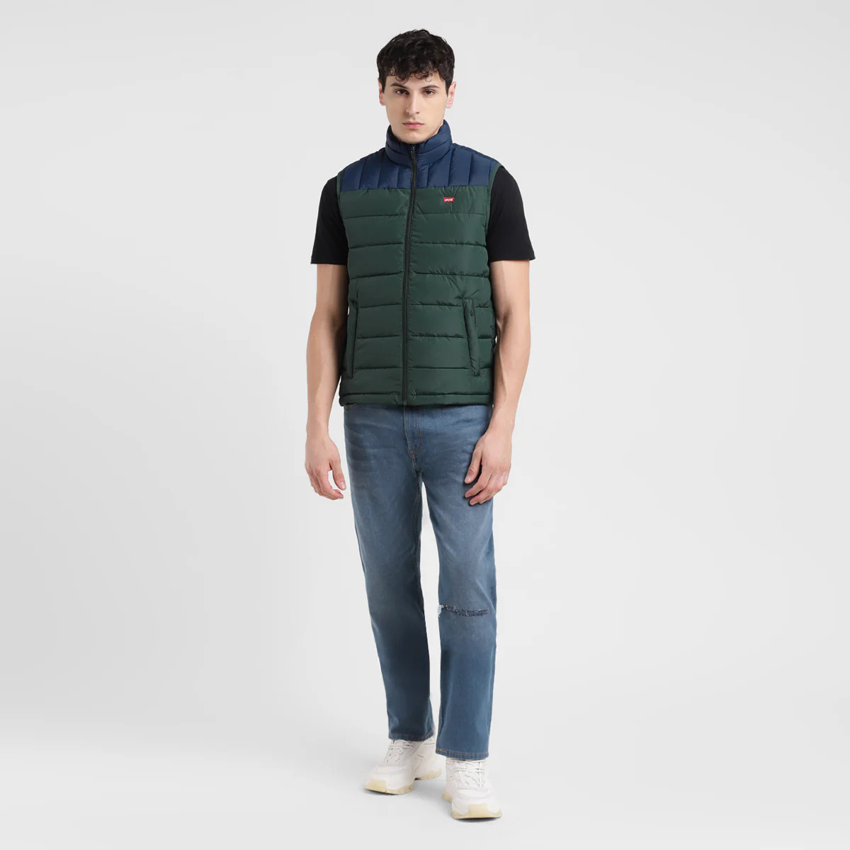 Men's Colorblock Green High Neck Quilted Jacket - Image 7