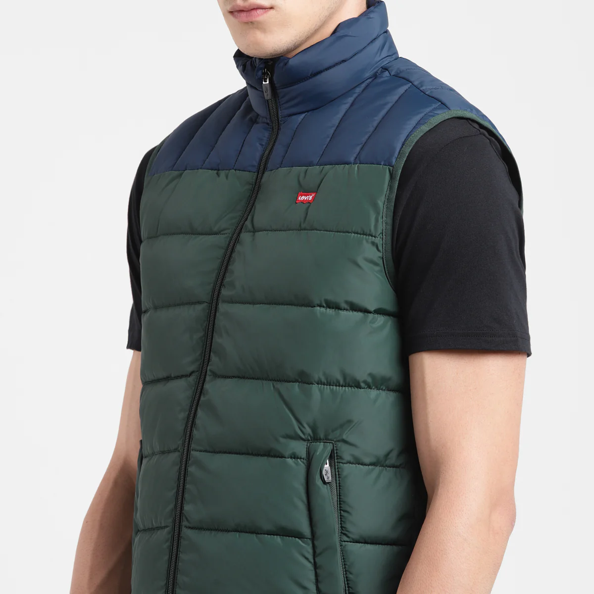 Men's Colorblock Green High Neck Quilted Jacket - Image 8