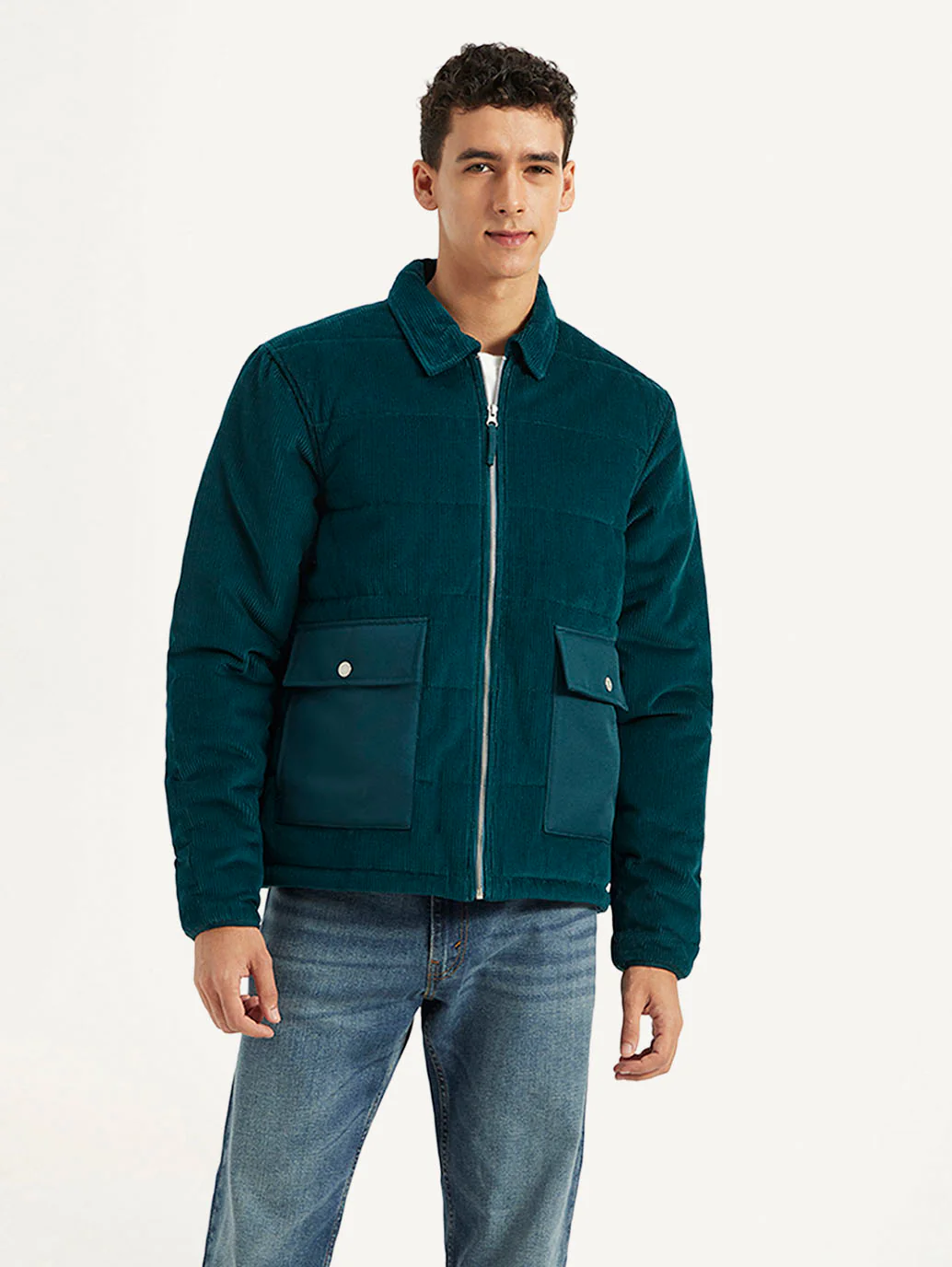 Men's Colorblock Green Spread Collar Jacket - Image 2
