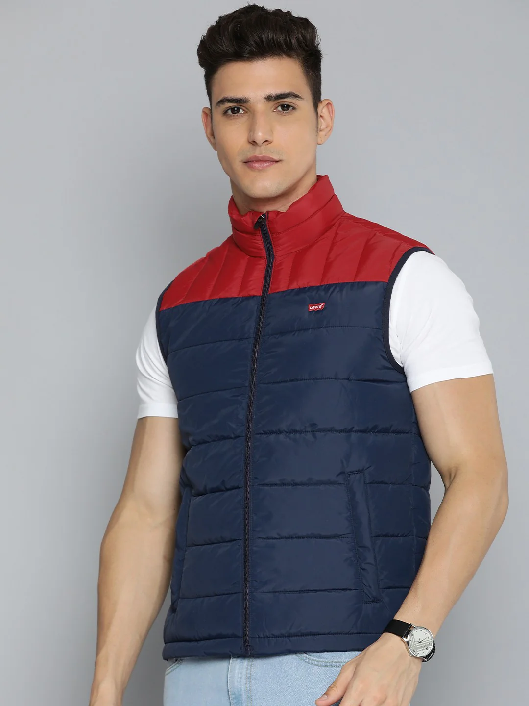 Men's Colorblock Navy High Neck Jacket - Image 3
