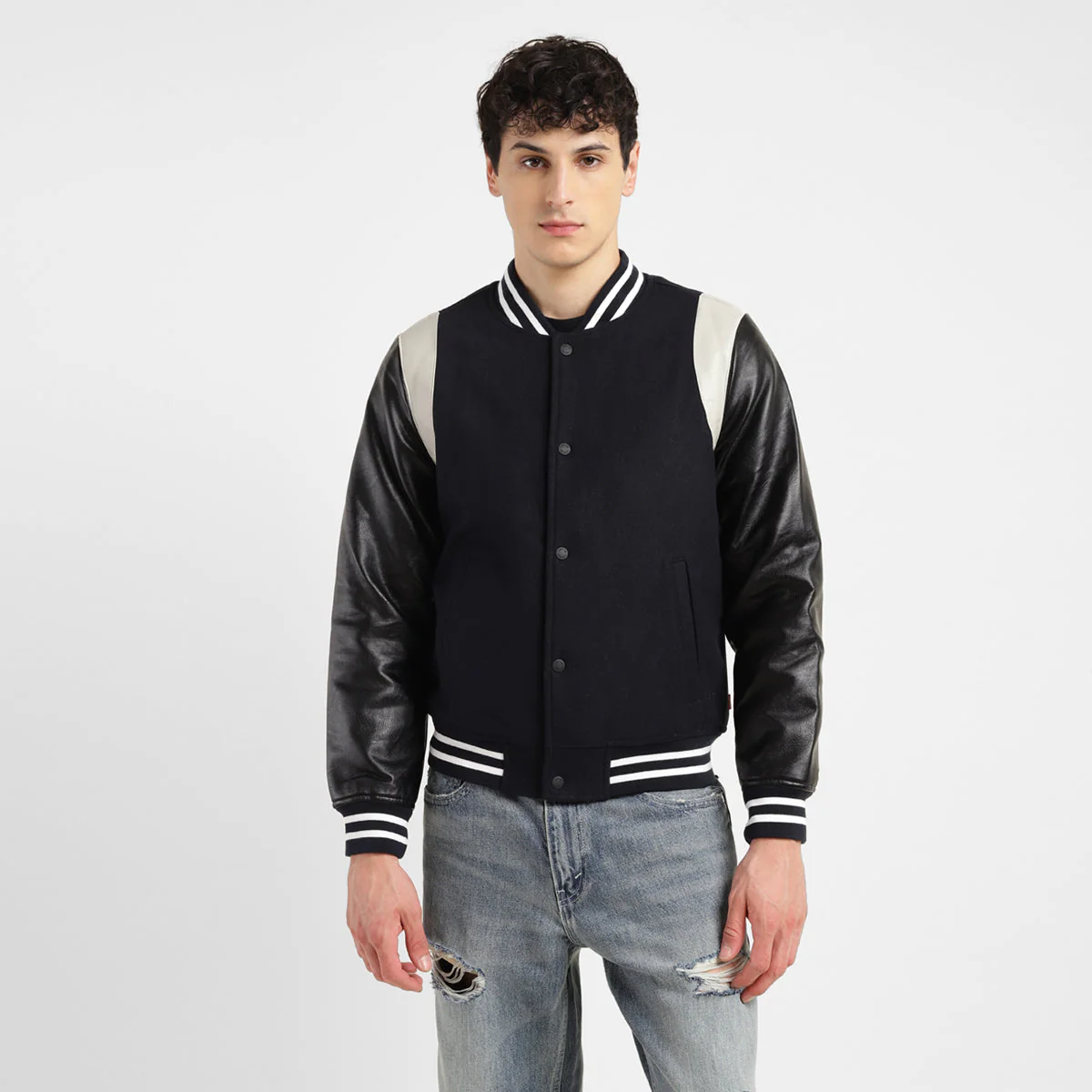 Men's Colorblock Navy Mandarin Collar Varsity Jacket
