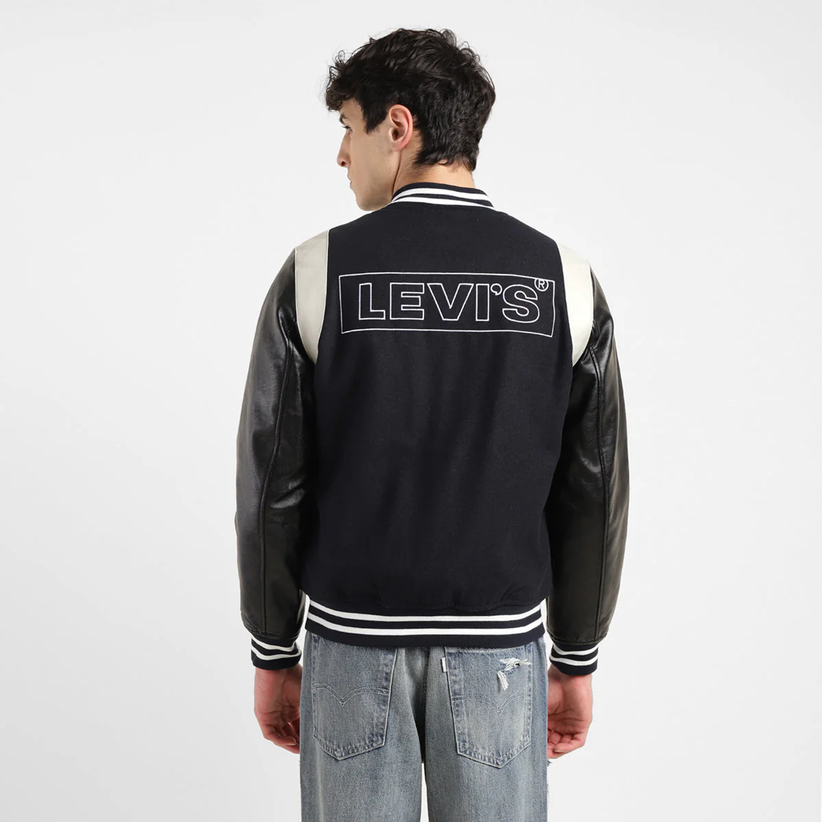 Men's Colorblock Navy Mandarin Collar Varsity Jacket - Image 2