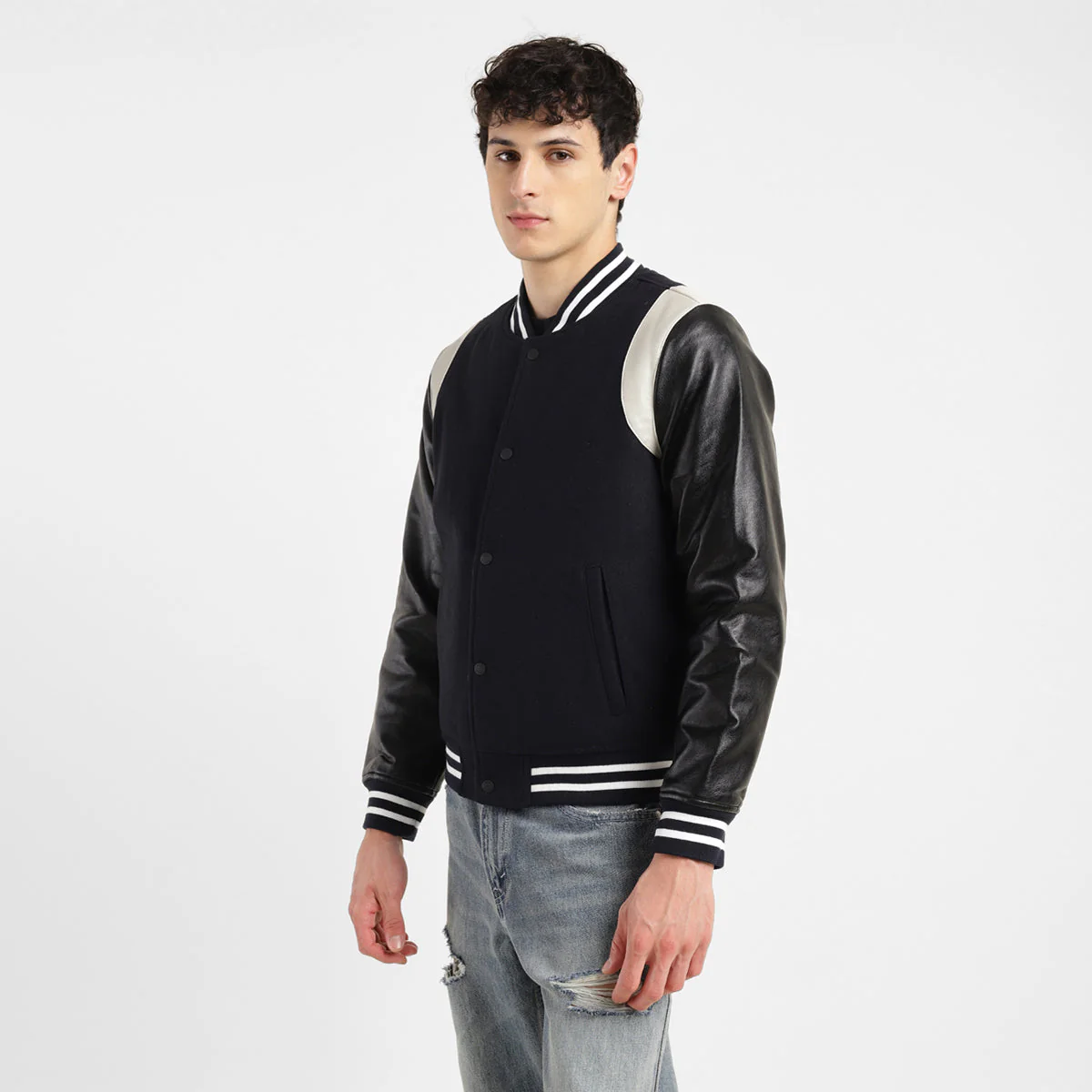 Men's Colorblock Navy Mandarin Collar Varsity Jacket - Image 3