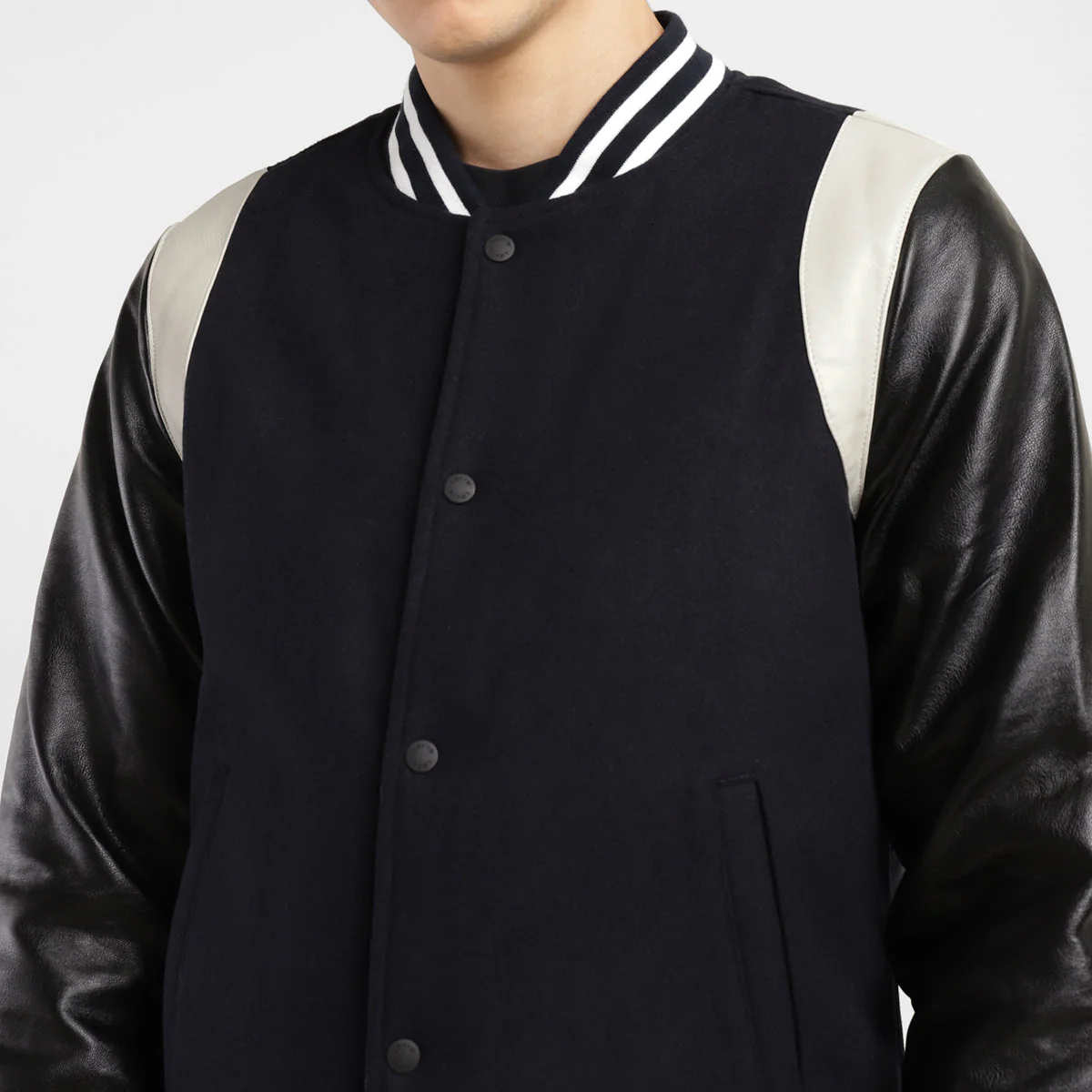 Men's Colorblock Navy Mandarin Collar Varsity Jacket - Image 4