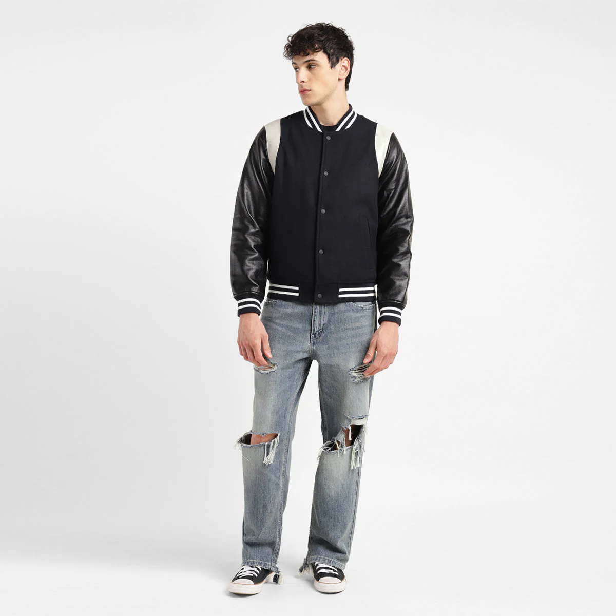 Men's Colorblock Navy Mandarin Collar Varsity Jacket - Image 5