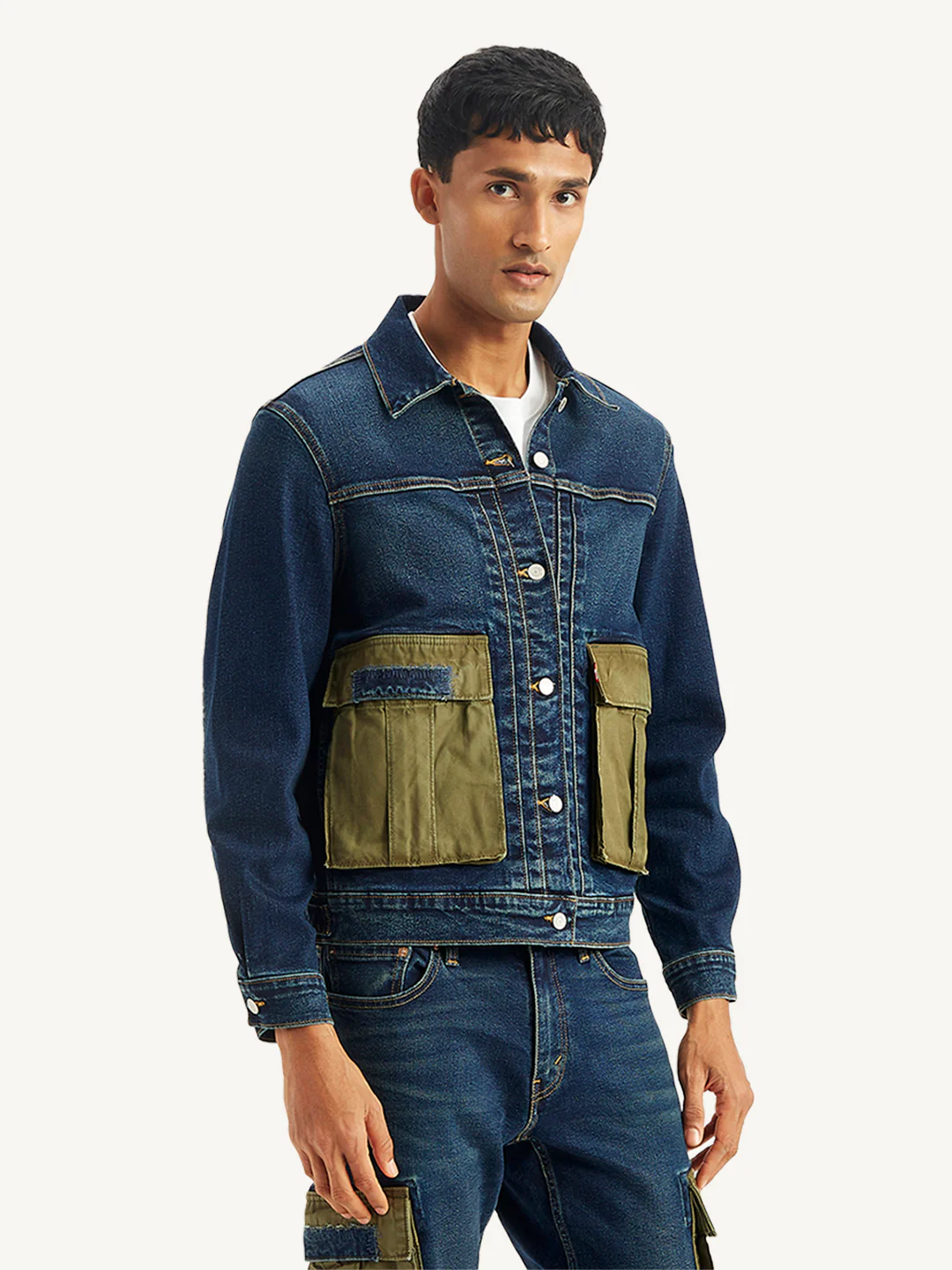 Men's Colorblock Navy Spread Collar Denim Jacket - Image 3