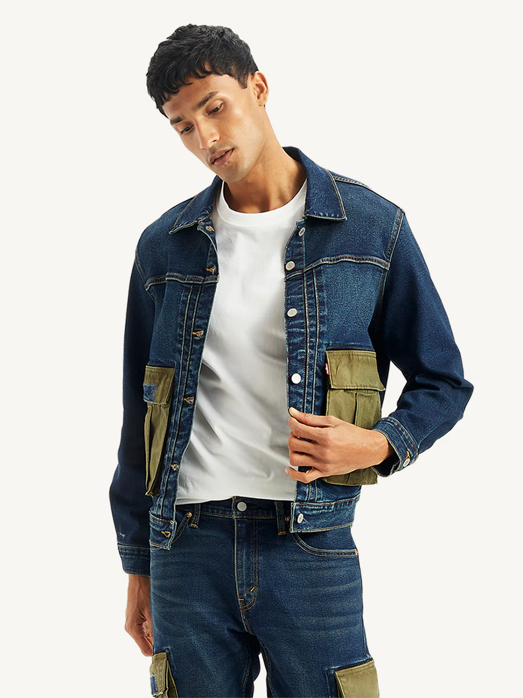 Men's Colorblock Navy Spread Collar Denim Jacket - Image 5