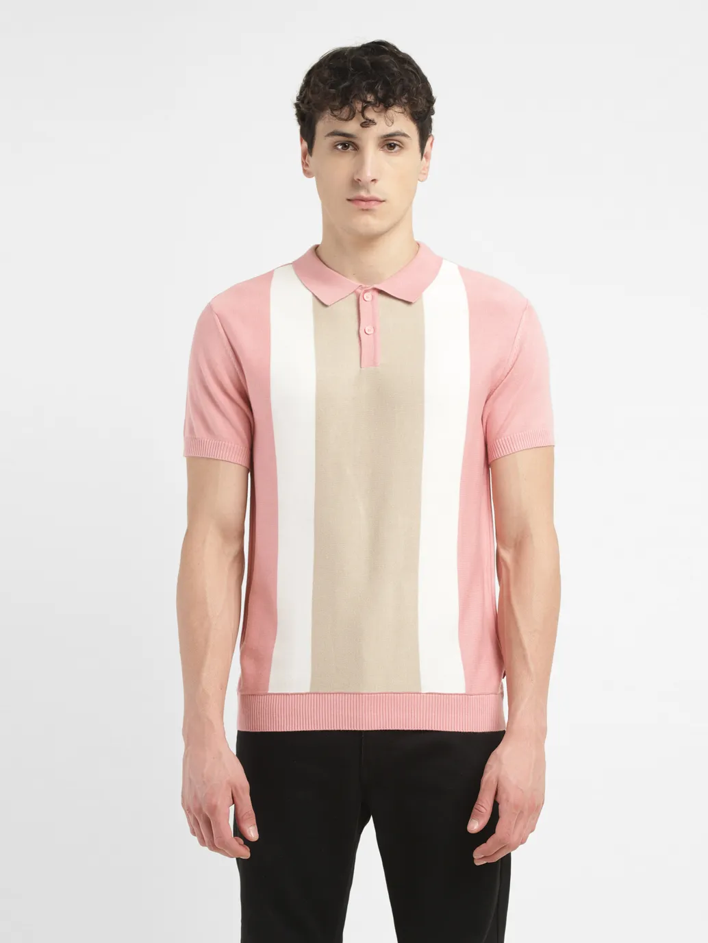 Men's Colorblock Pink Polo Collar Sweater - Image 2