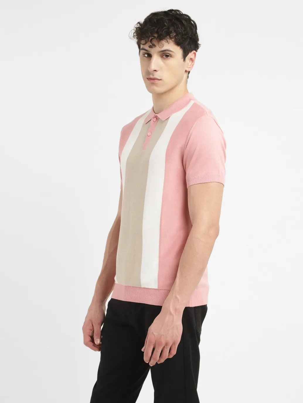Men's Colorblock Pink Polo Collar Sweater - Image 4