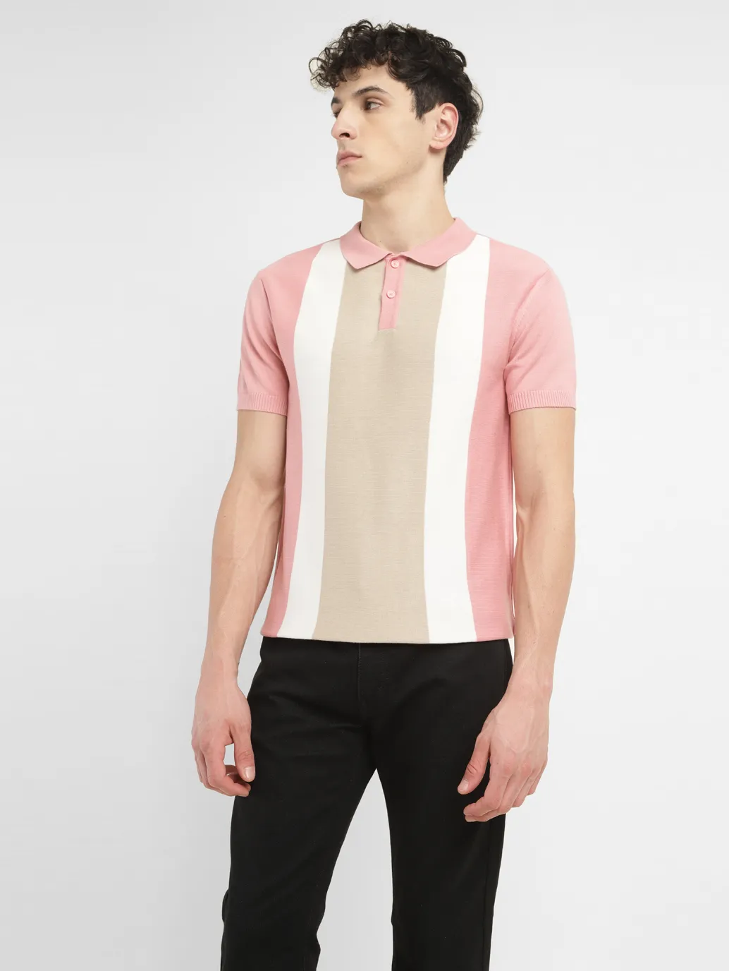Men's Colorblock Pink Polo Collar Sweater - Image 6
