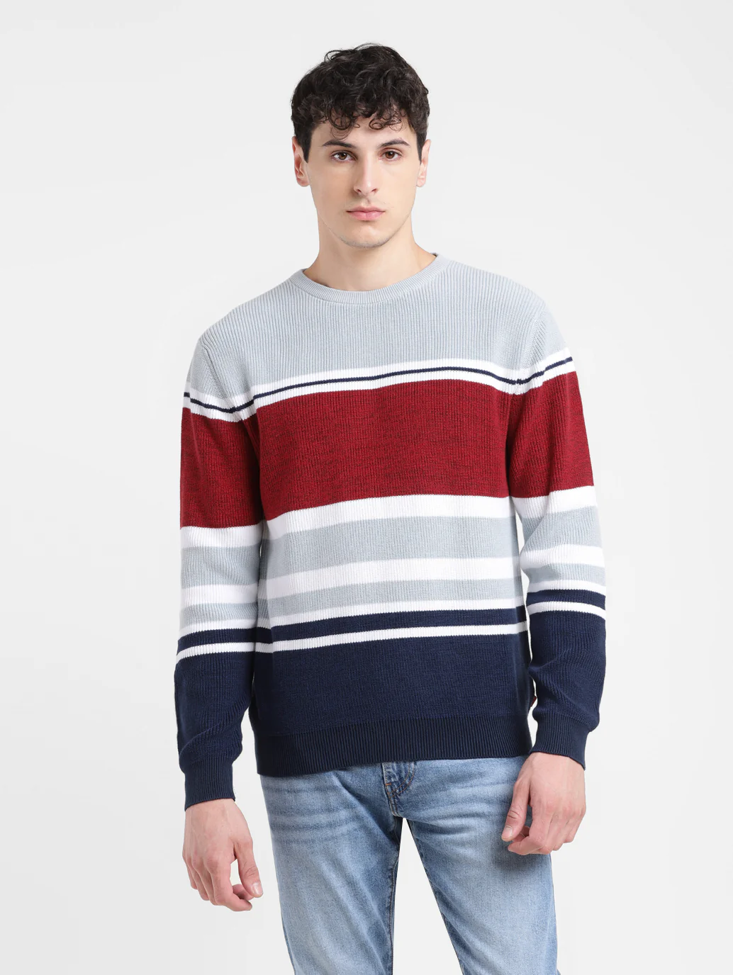 Men's Colorblock Red Crew Neck Sweater - Image 2