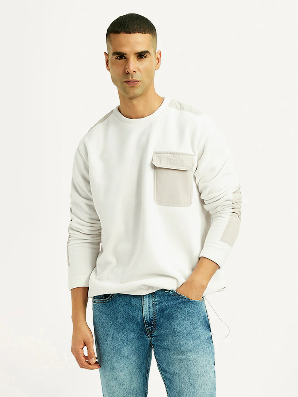 Men's Colorblock White Crew Neck Sweatshirt - Image 2