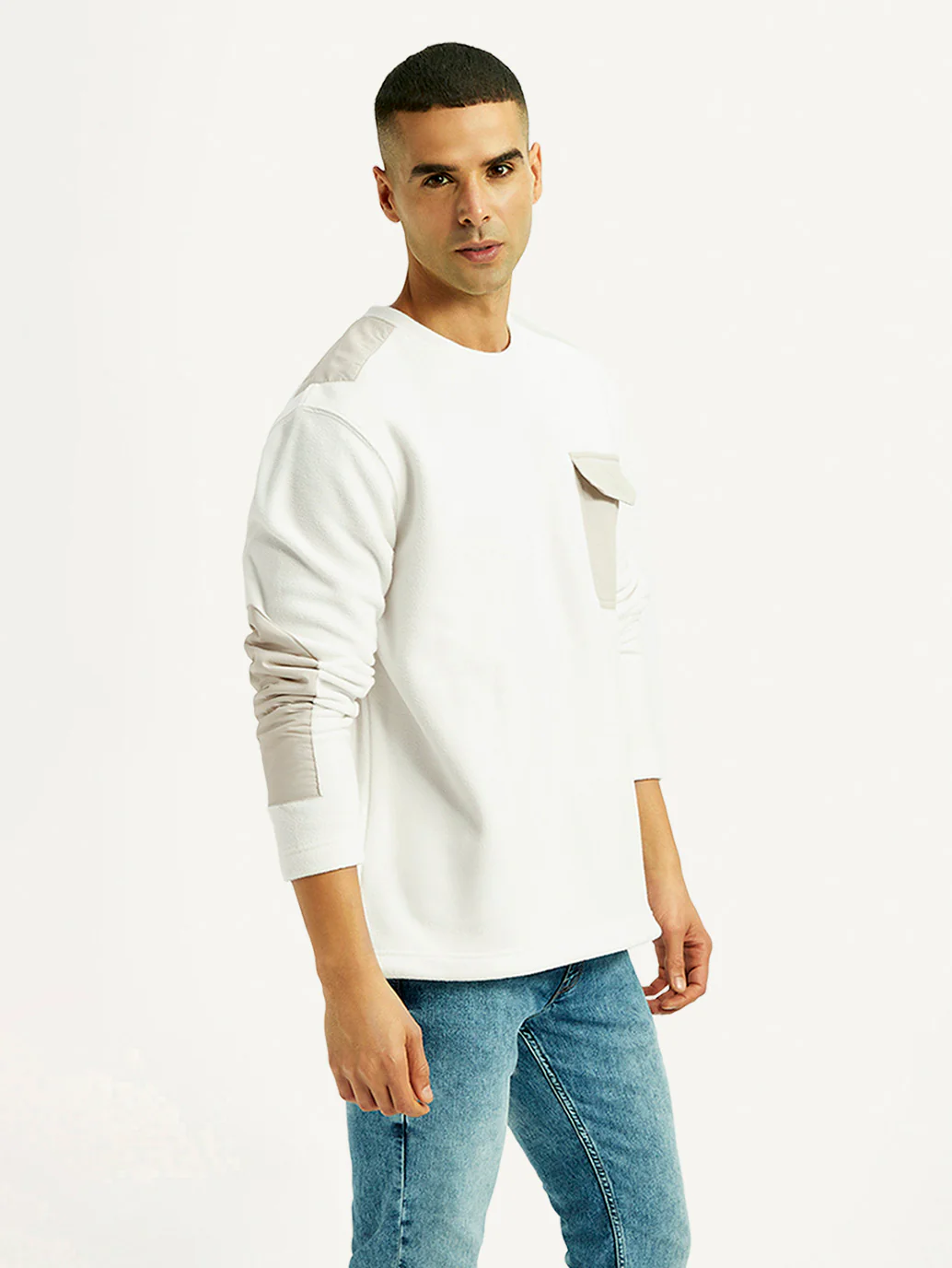 Men's Colorblock White Crew Neck Sweatshirt - Image 6