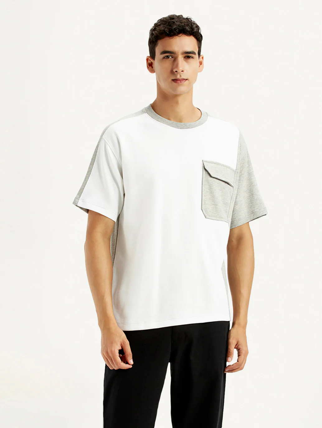 Men's Colorblock White Crew Neck T-shirt - Image 2
