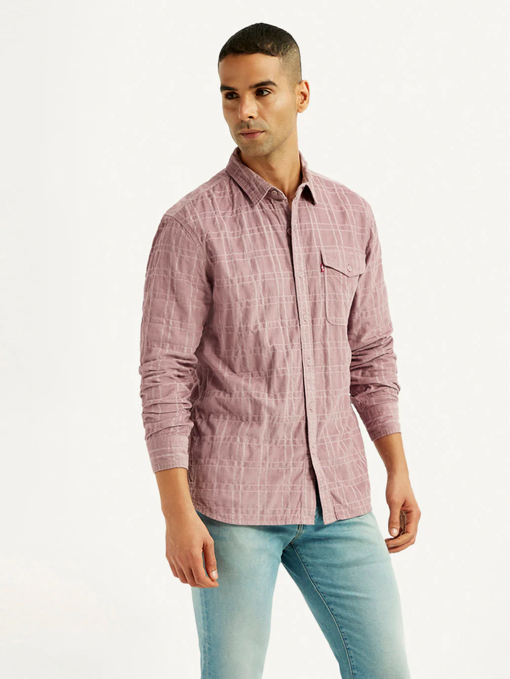 Men's Mauve Checkered Slim Fit Corduroy Shirt