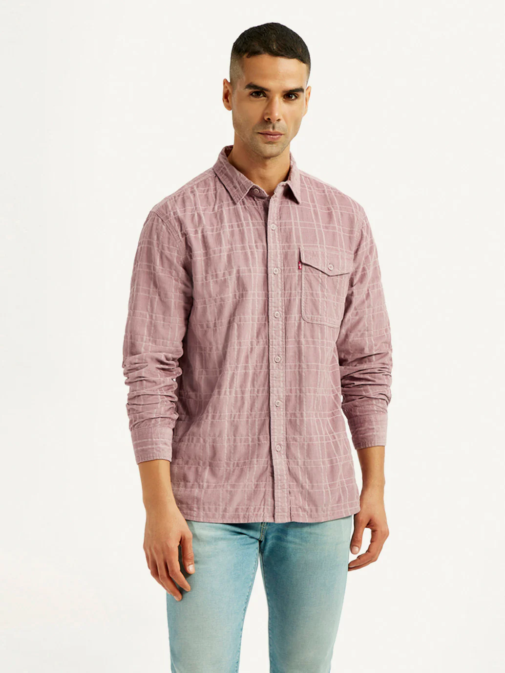 Men's Mauve Checkered Slim Fit Corduroy Shirt - Image 2