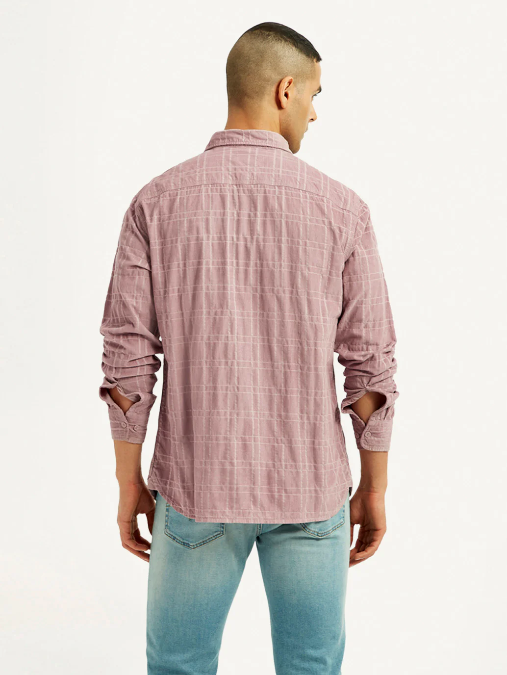 Men's Mauve Checkered Slim Fit Corduroy Shirt - Image 3