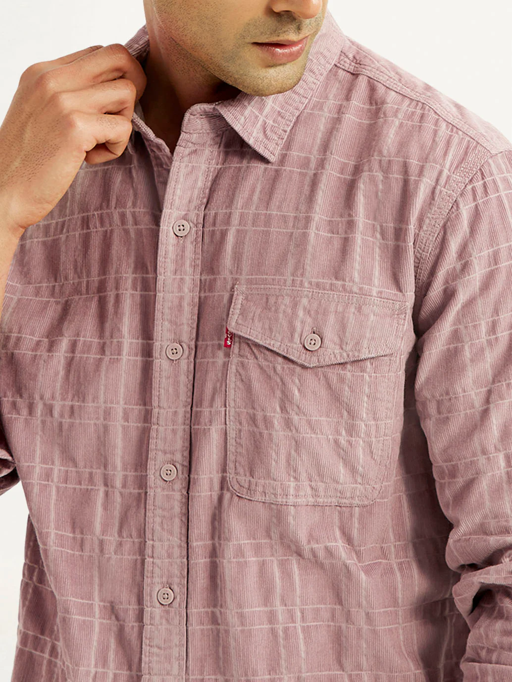 Men's Mauve Checkered Slim Fit Corduroy Shirt - Image 4
