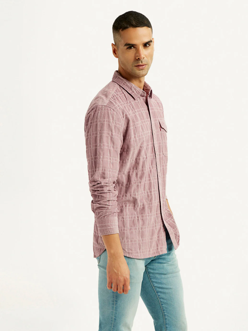 Men's Mauve Checkered Slim Fit Corduroy Shirt - Image 5