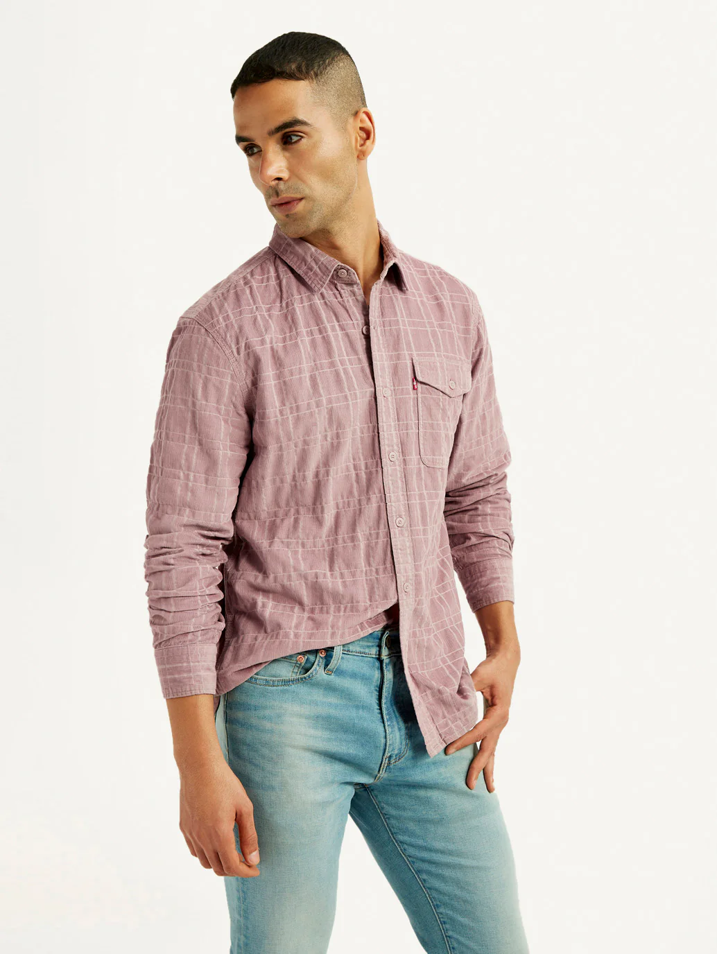 Men's Mauve Checkered Slim Fit Corduroy Shirt - Image 6