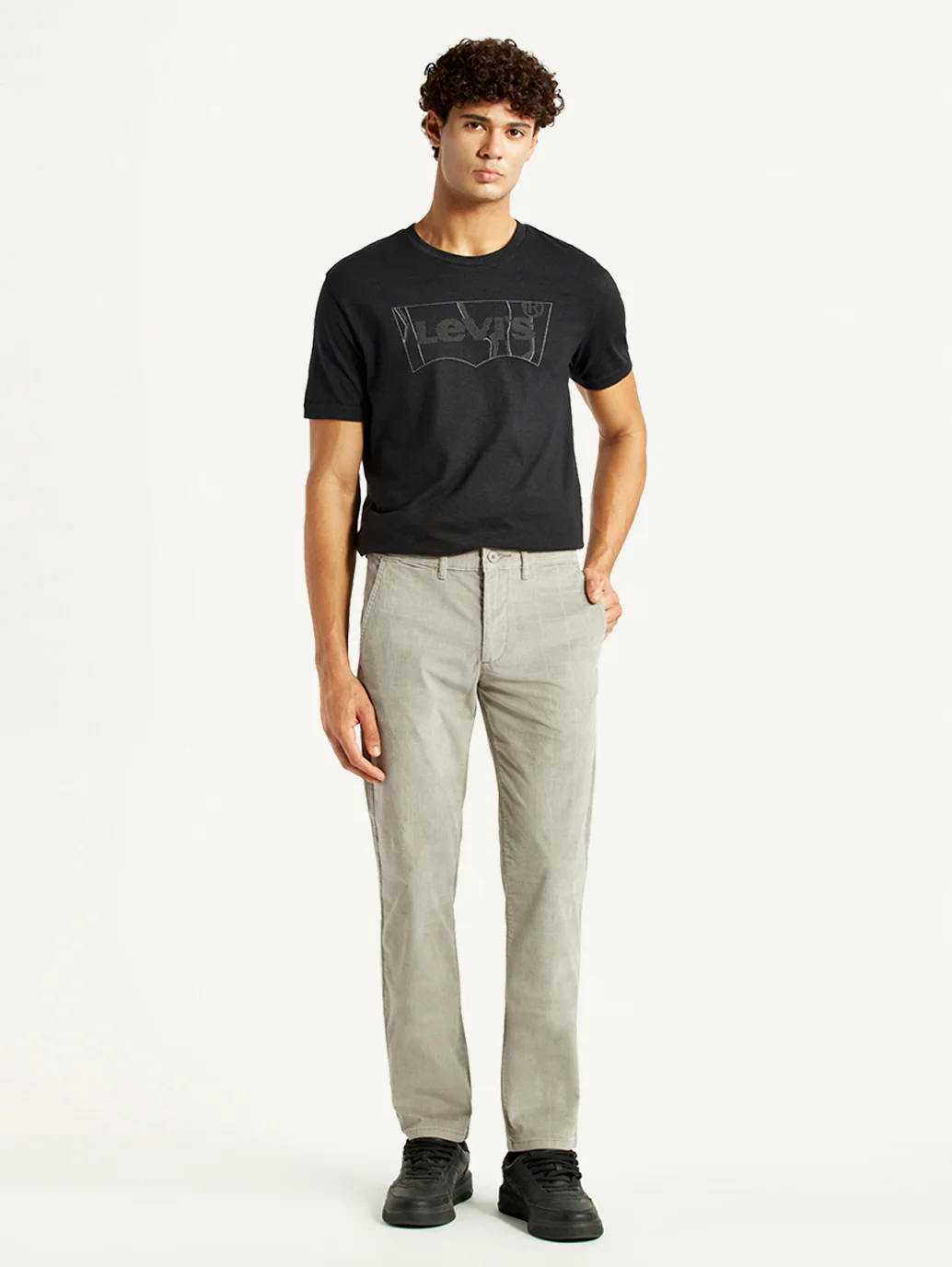 Men's Light Grey Slim Fit Tapered Corduroy Trousers - Image 6