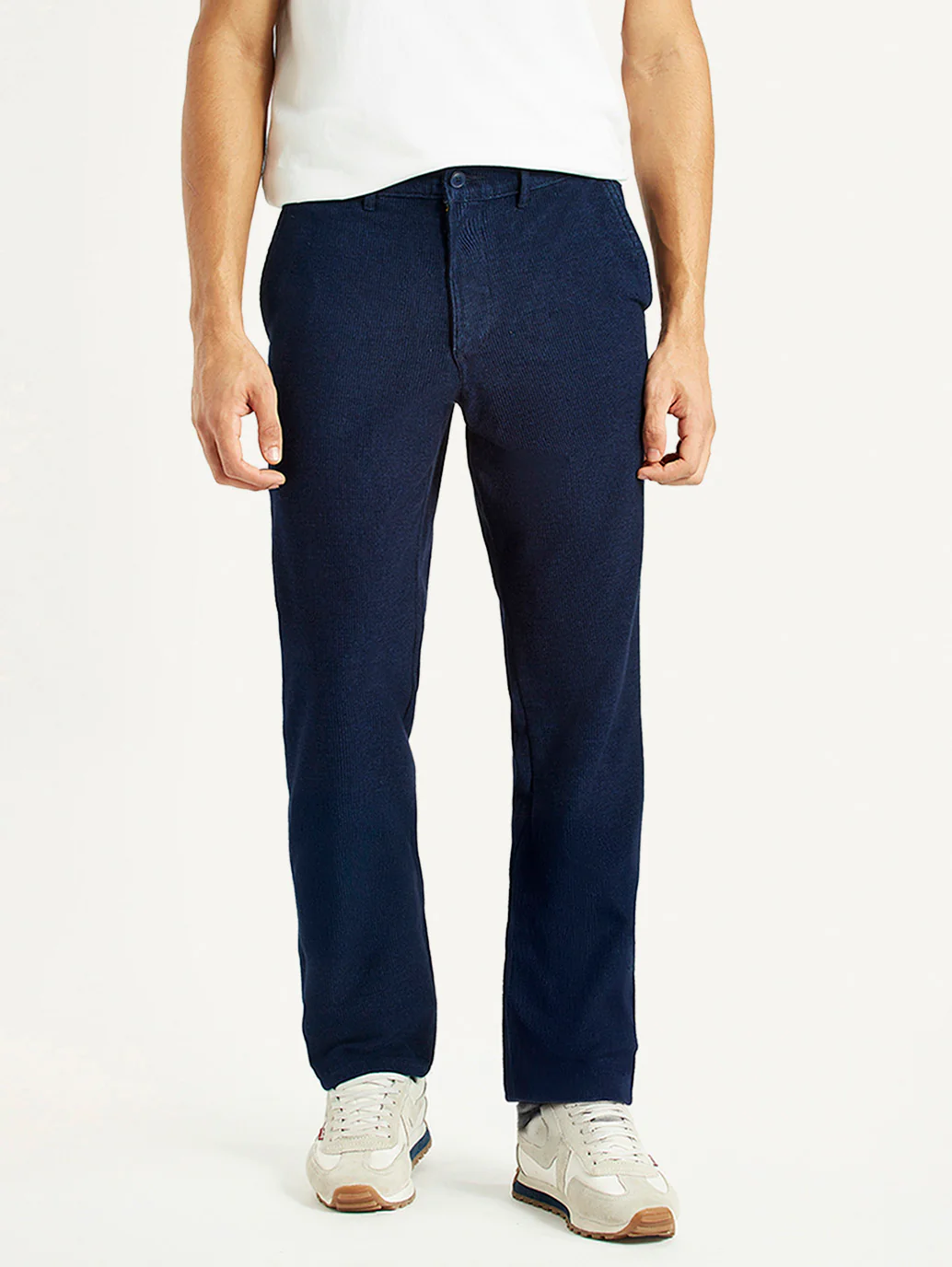 Men's Navy Relaxed Straight Fit Mid Rise Corduroy Trousers - Image 3