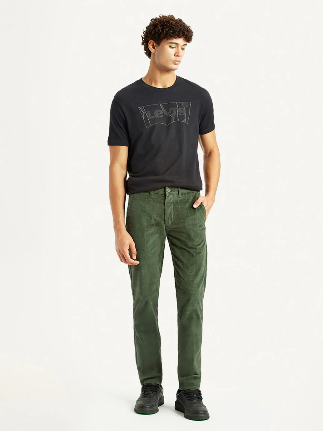 Men's Olive Green Slim Fit Corduroy Trousers - Image 2