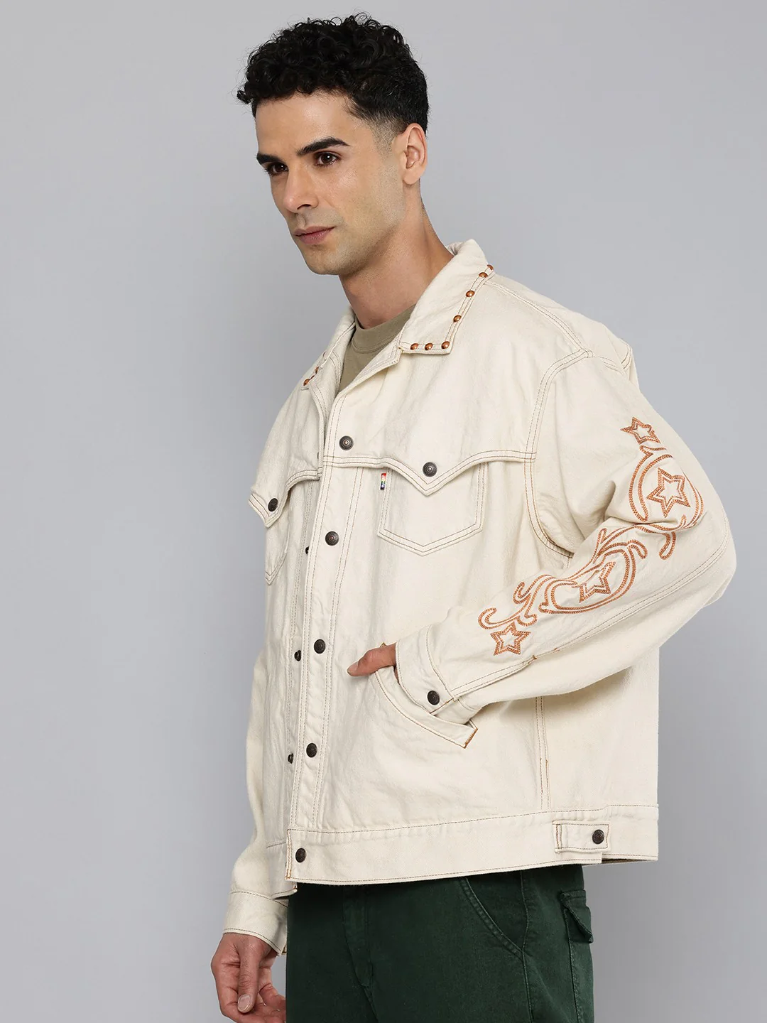 Men's Cotton Typography Embroidered Denim Jacket - Image 3
