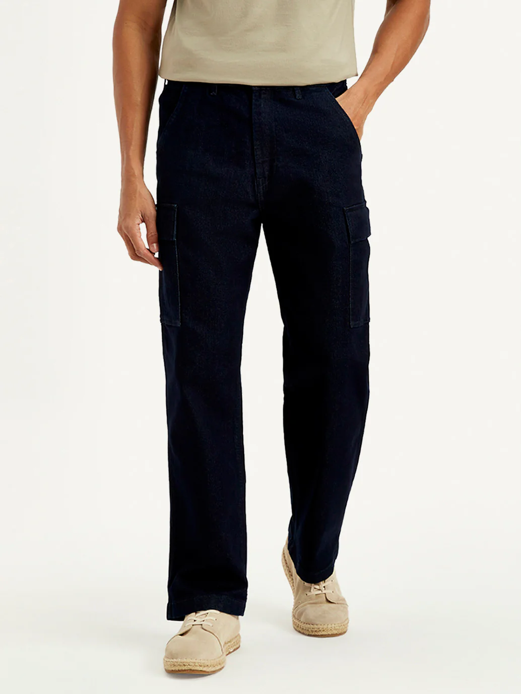 Men's Dark Indigo Tapered Fit Denim Cargo Trousers - Image 2