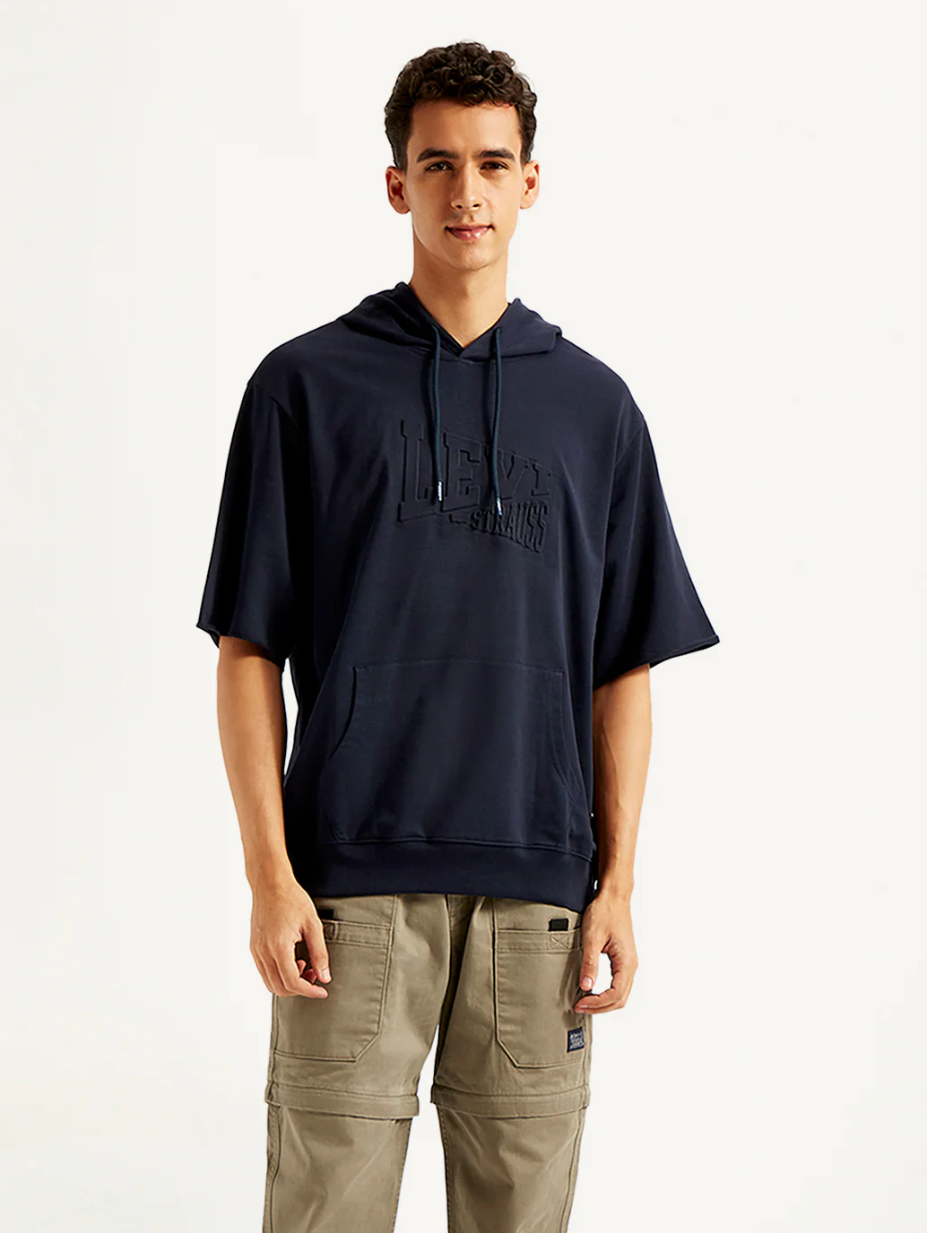 Men's Embossed Navy Hooded Sweatshirt - Image 3