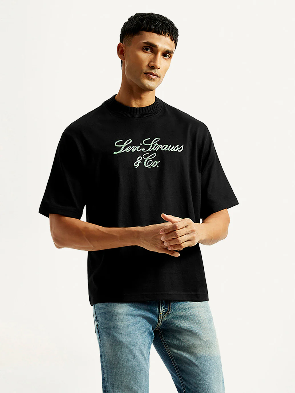 Men's Embroidered Black Crew Neck T-Shirt - Image 2