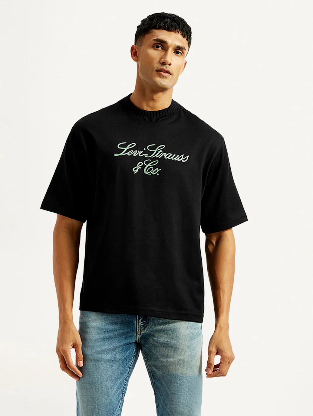 Men's Embroidered Black Crew Neck T-Shirt - Image 3