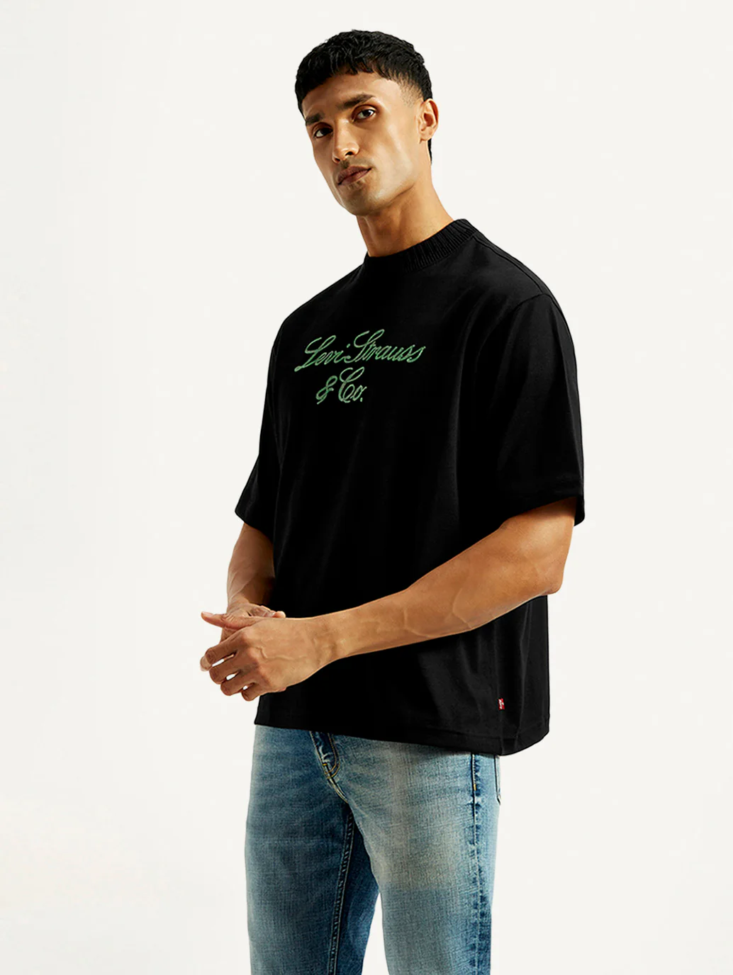 Men's Embroidered Black Crew Neck T-Shirt - Image 6