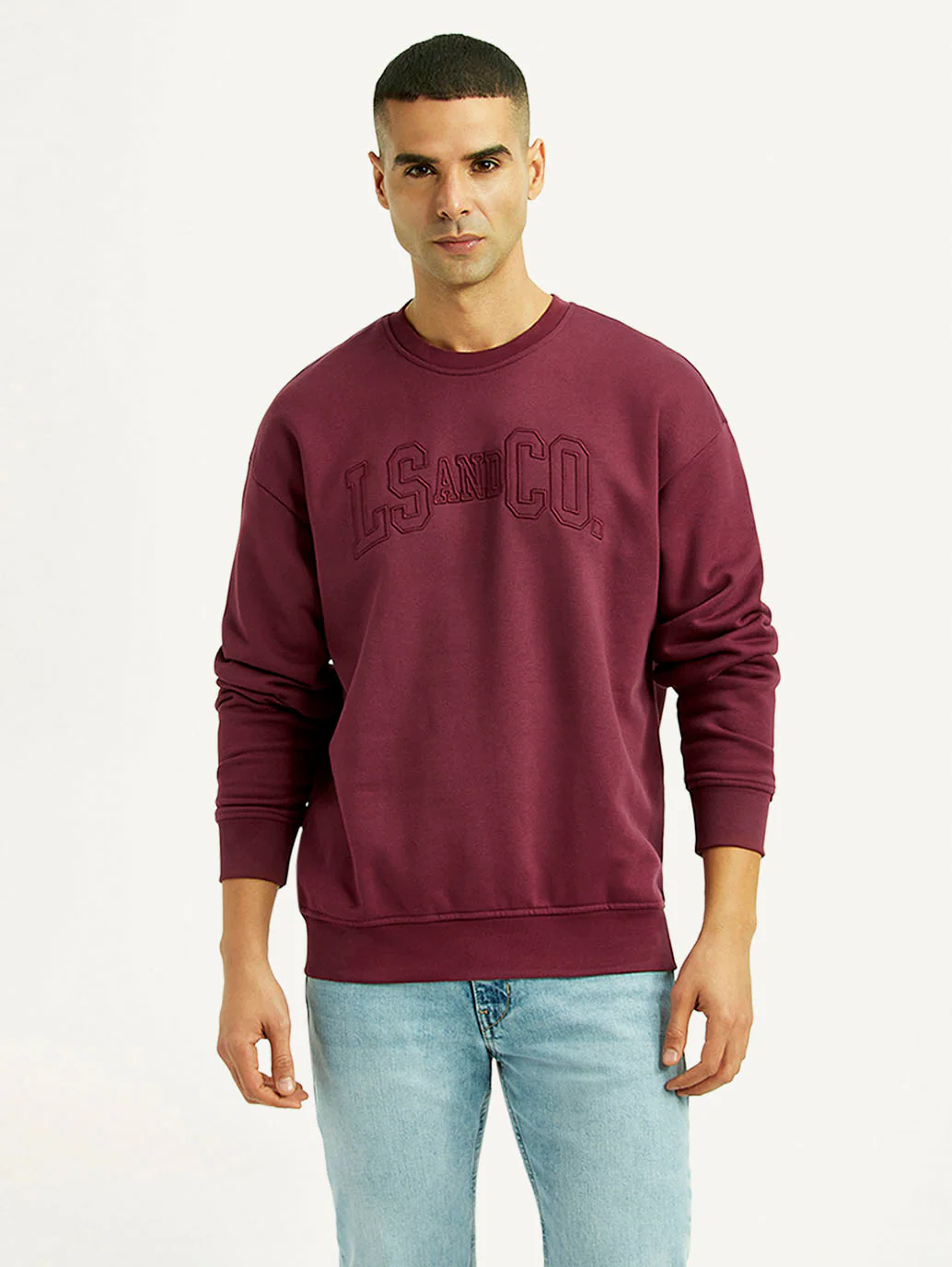 Men's Embroidered Maroon Crew Neck Sweatshirt - Image 3